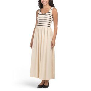 HUNTER & BROWN Black/ivory Knit To Woven Maxi Dress With Striped Bodice